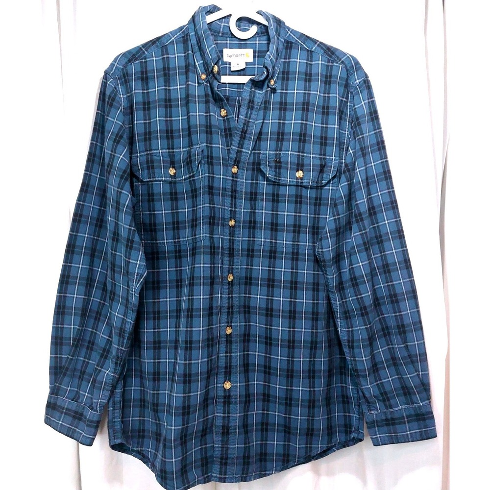 CARHARTT Shirt Mens M Blue Black Button Up‎ Plaid Relaxed Fit Outdoors